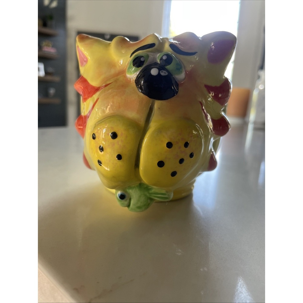 CARMAN/MCDUFFIE Cat Fish Mouse Coffee Mug Cup Yellow Artisan‎ DEBBIE CARMAN 3D